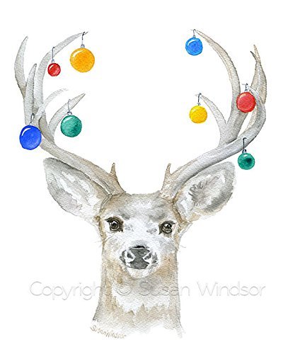 400x500 Christmas Deer Fawn Watercolor Print Reindeer Art