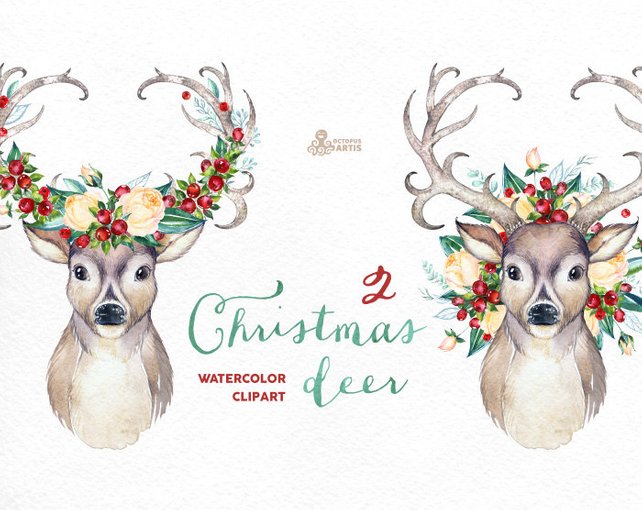 642x510 Christmas Deer 2. Watercolor Deers Antlers Flowers Hand Etsy