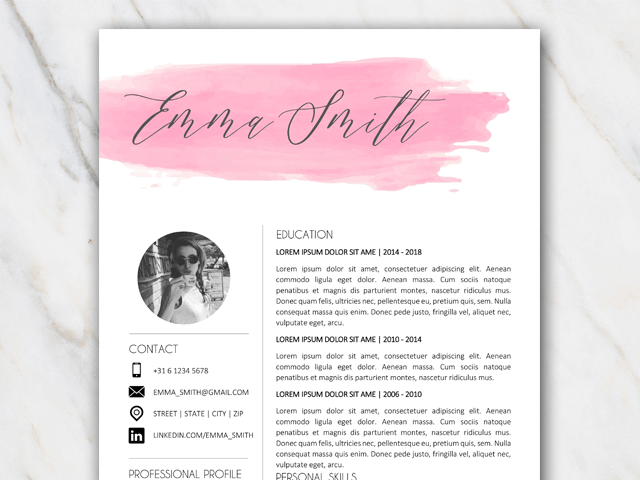 640x480 Free Resume Template With Watercolor Brushstroke