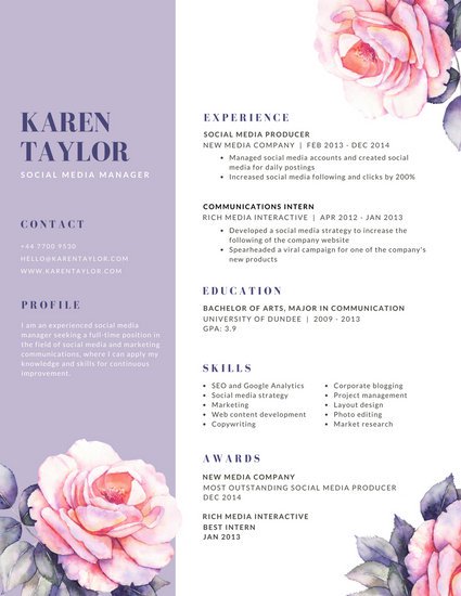 425x550 Lavender And White Rose Watercolor Creative Resume