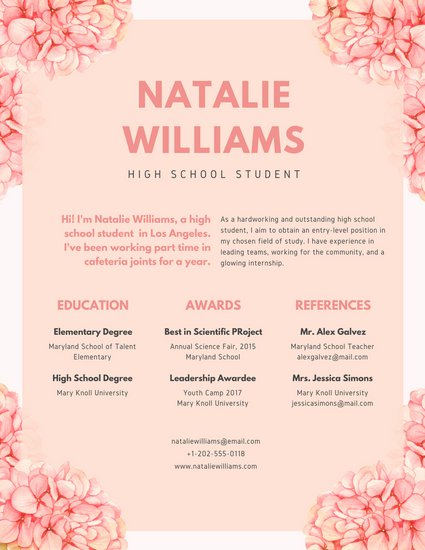 425x550 Pink Floral Watercolor High School Resume