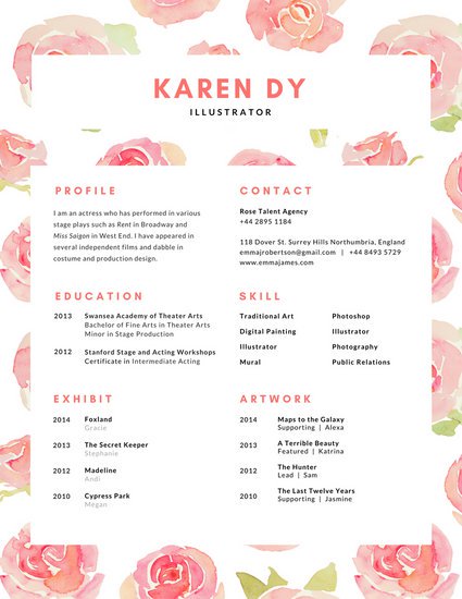 425x550 Pink Watercolor Roses Floral Creative Resume