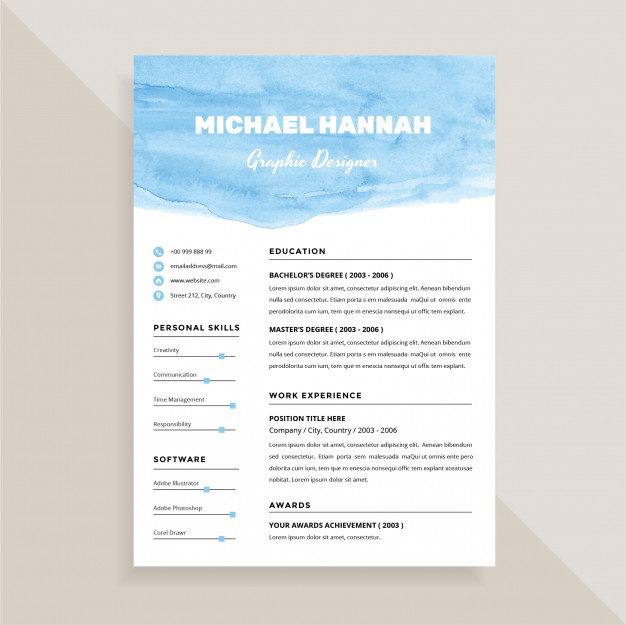 626x625 Unique Blue Watercolor Resume Template Design Vector Premium