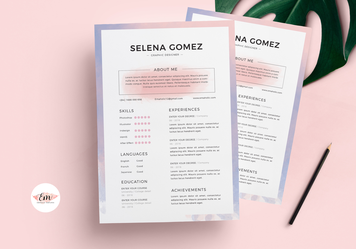1400x983 Watercolor Resume Template By Emaholic Templates