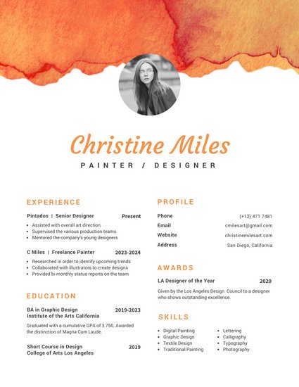 425x550 White With Orange Watercolor Creative Resume