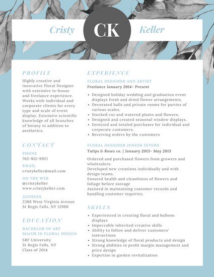425x550 Blue Watercolor Leaves Modern Resume