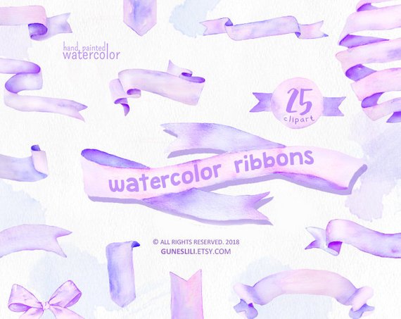 570x453 Ribbon Clipart Purple Watercolor Banner Clipart Watercolor Etsy