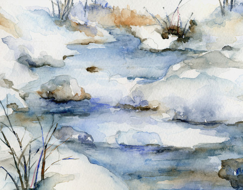 498x390 Icy River Original Watercolor Painting