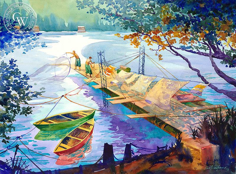 800x589 Indians Salmon Fishing, Columbia River, Watercolor Art By Sid
