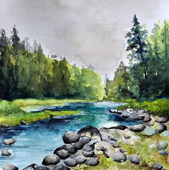 570x572 Original Watercolor Painting 10x10 Inch, River Landscape