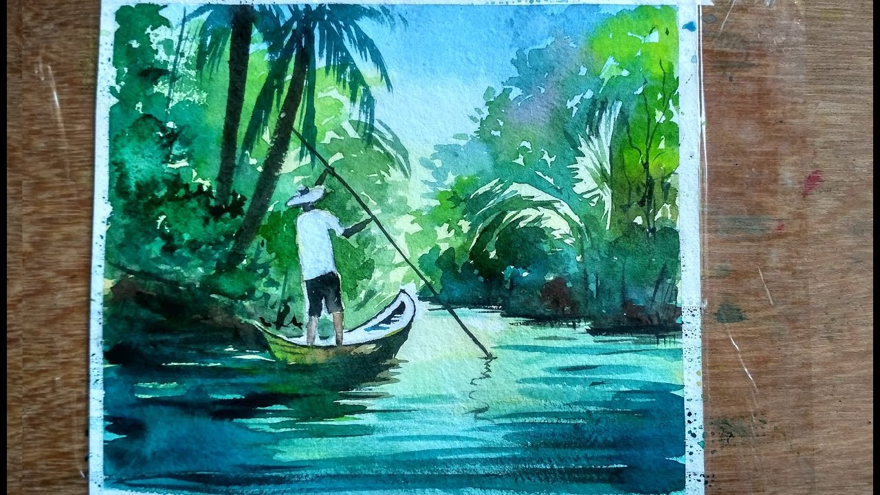 1280x720 Watercolor Painting Fishing Boats On River Paint With David