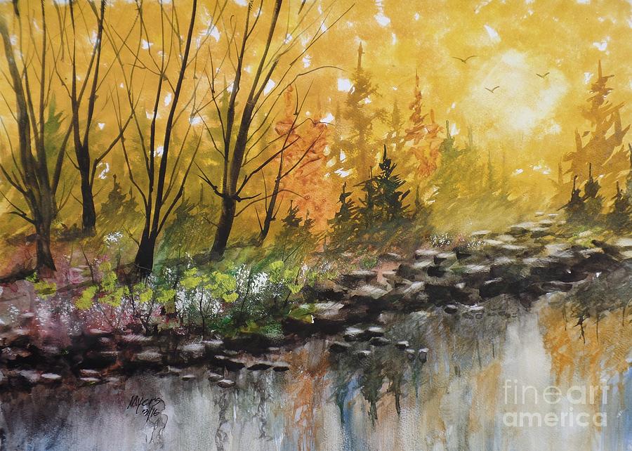 900x642 Golden River View, Watercolor Painting Painting By David K Myers