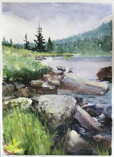 375x514 Rocks In Siberian Lake. Watercolor. Painting By George Mamchur