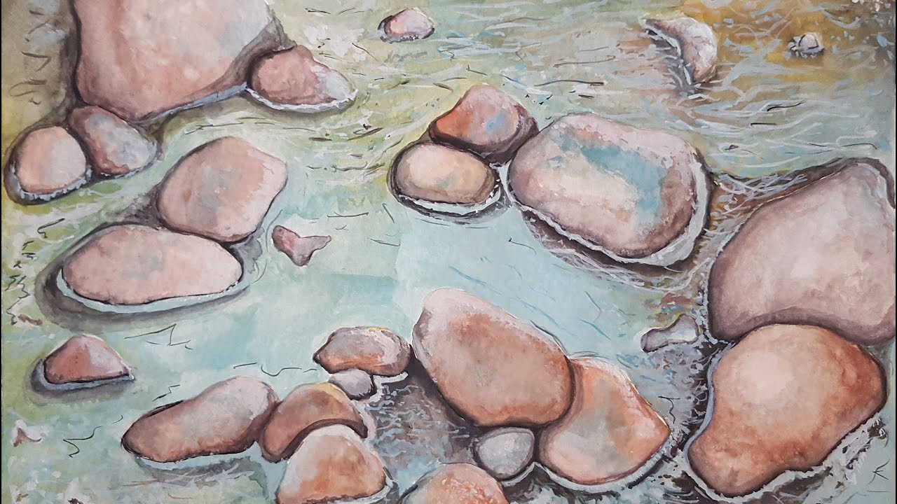 1280x720 Watercolor Rocks In Water Painting