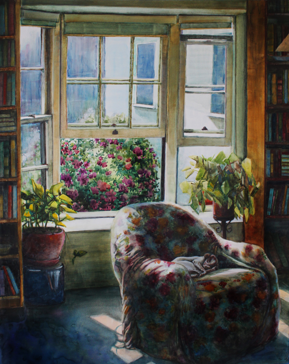 573x720 Watercolor Reading Room (An Interior With Books And A Sleeping
