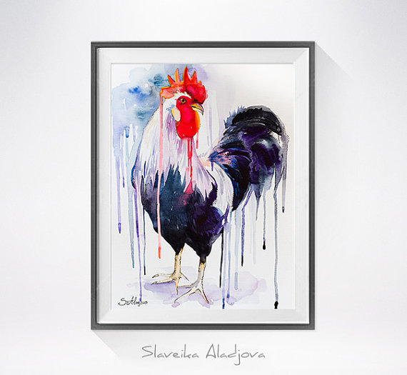570x525 Rooster Watercolor Painting Print,