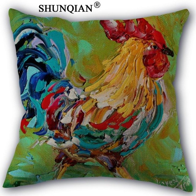 640x640 Watercolor Rooster Linen Cotton Pillow Covers Printed Square Home