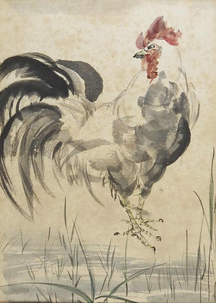 730x1023 Asian Rooster Watercolor Painting Artifax Antiques Amp Design