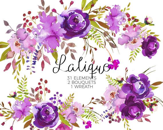570x456 Purple Watercolor Flowers Clipart Set Wedding Floral Bouquets