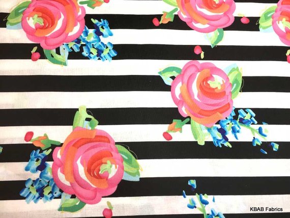 570x428 Floral Stripe Fabric Black Amp White Watercolor Rose Fabric By Etsy
