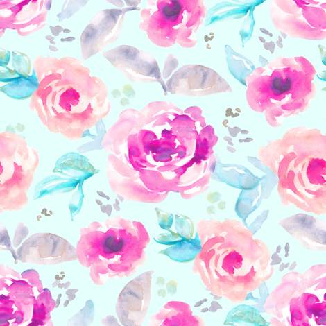 470x470 Hand Painted Pink + Mint Watercolor Flowers Fabric