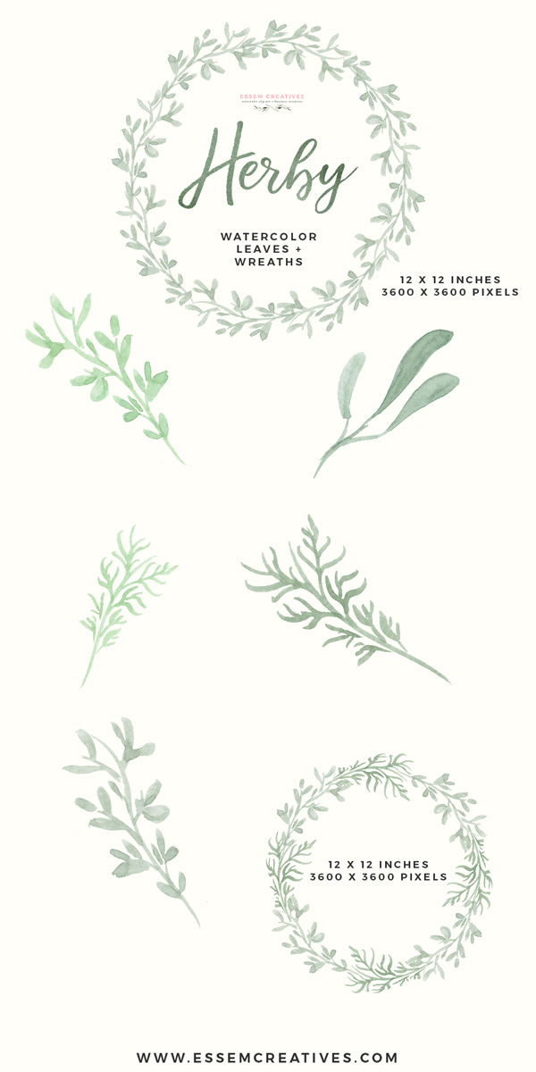 600x1200 Watercolor Herbs Clipart, Watercolor Wreath Clipart, Food