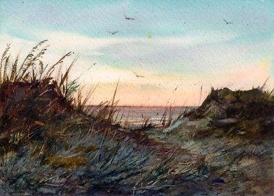 400x286 Seascape Sand Dunes Orig Watercolor Painting By Linda Henry Beach