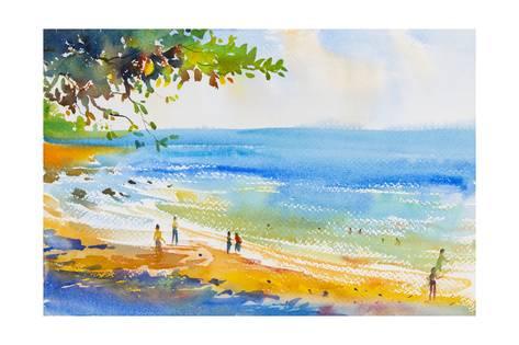473x315 Watercolor Original Seascape Painting Colorful Of Beach And Sand