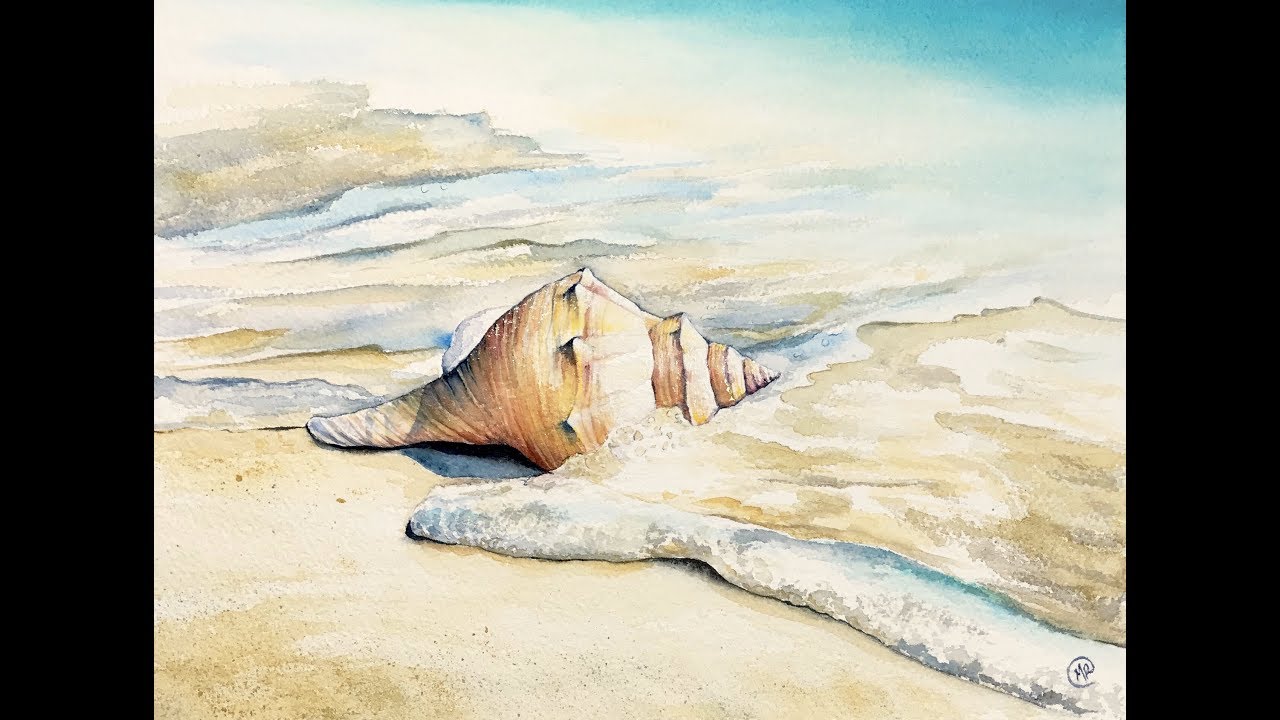 1280x720 Watercolor Seashell On A Sand Painting Demonstration