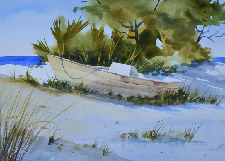 768x550 Beach Scene With Sand Dunes And Old Boat
