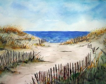 340x270 Birds And Boat Original Watercolor Painting Of Beach Scene