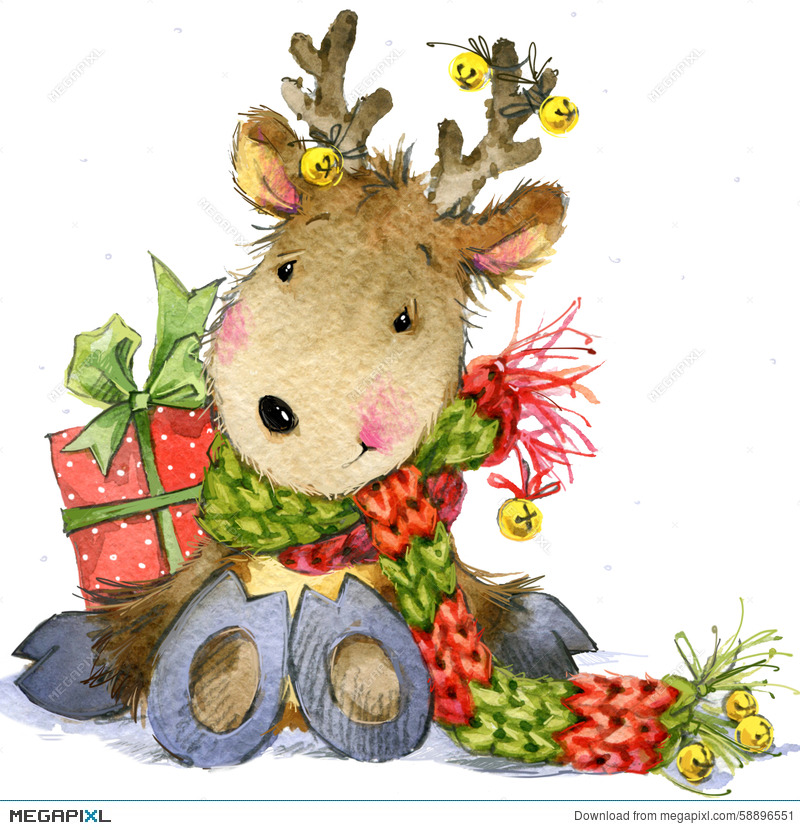 800x830 Funny Deer Santa Claus. Watercolor Illustration Illustration