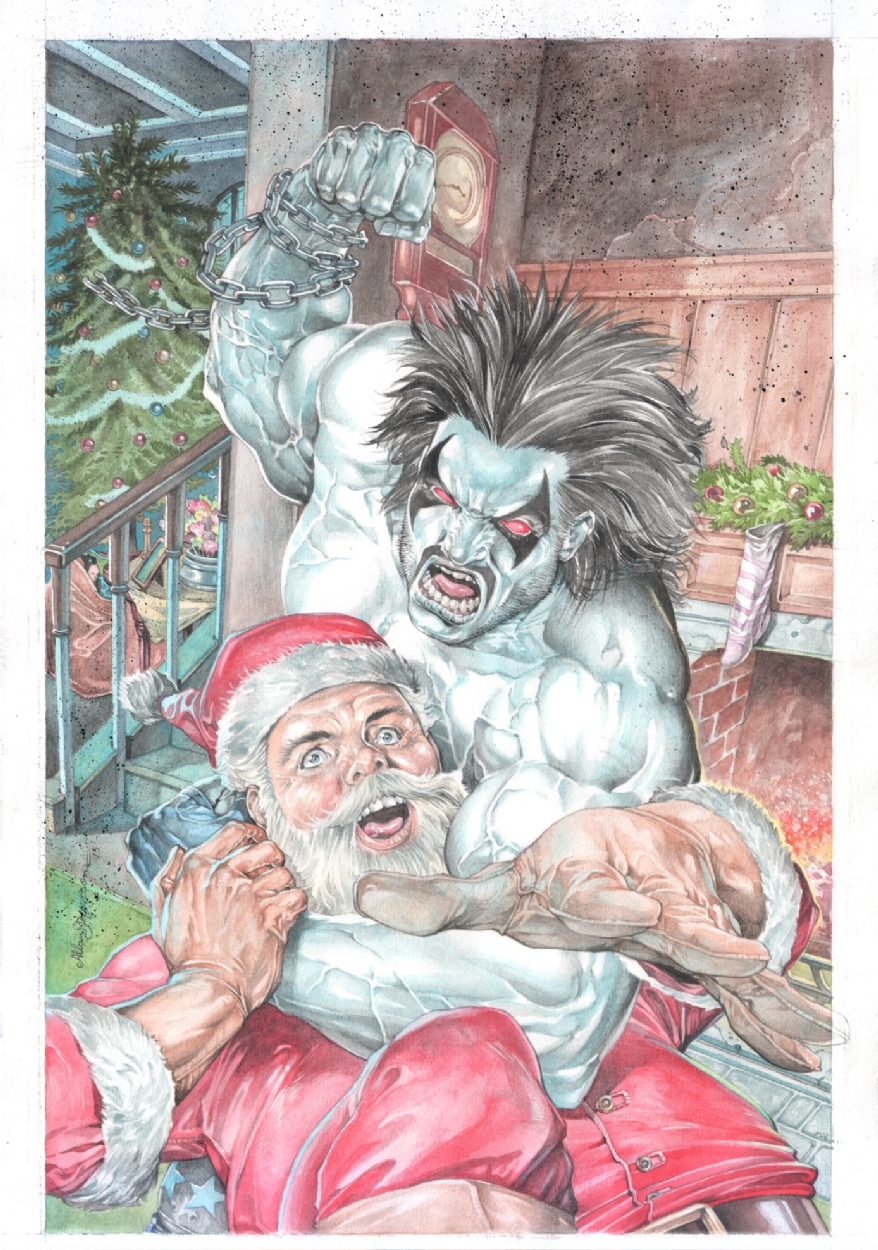 878x1250 Lobo Vs Santa Claus Watercolor Illustration For Sale