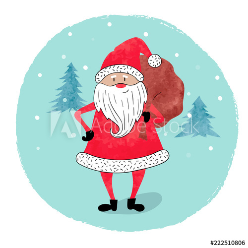 500x500 Merry Christmas Card Design. Watercolor Santa Claus With A Bag Of