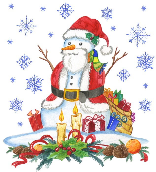633x700 Snow Man In Santa Claus Dresses, Watercolor Wall Mural Pixers