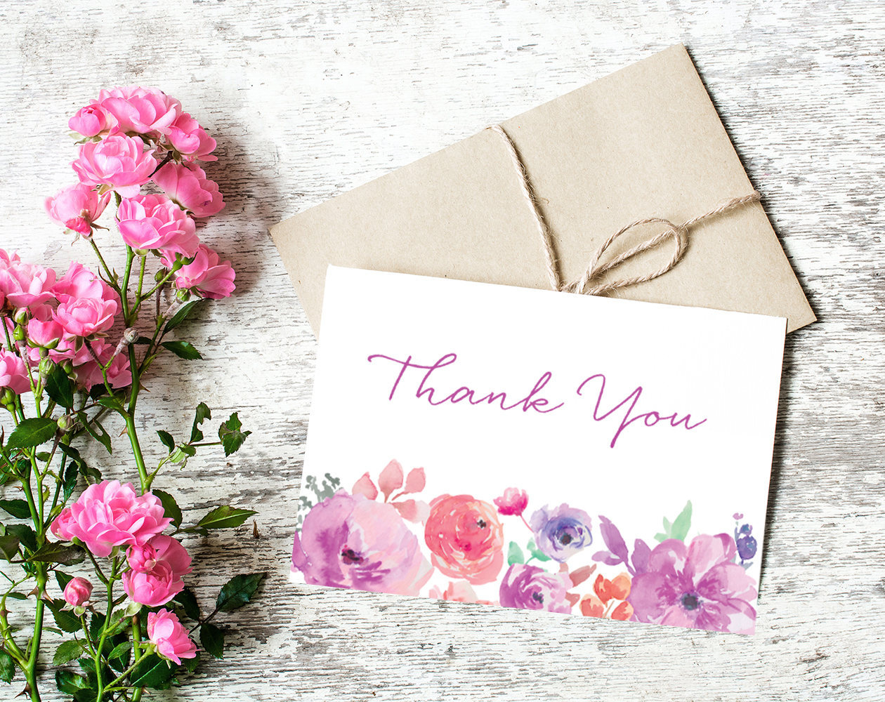 1260x1000 Thank You Card Printable, Spring Florals, Floral Watercolor