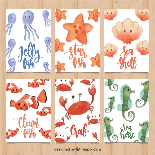 626x626 Set Of Watercolor Cards With Sea Animals Vector Free Download