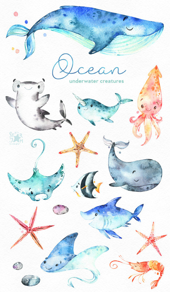 550x943 Ocean. Underwater Creatures. Watercolor Clip Art, Sharks, Whale