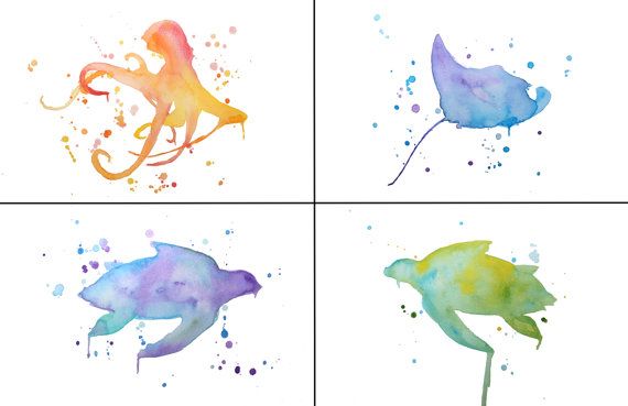 570x369 Sea Creatures Watercolor Prints Set Abstract Turtles, Stingray