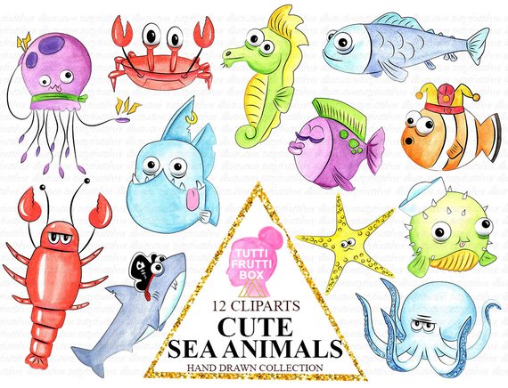 570x436 Watercolor Cute Sea Animals Clipart Ocean Creatures Clip Art Etsy