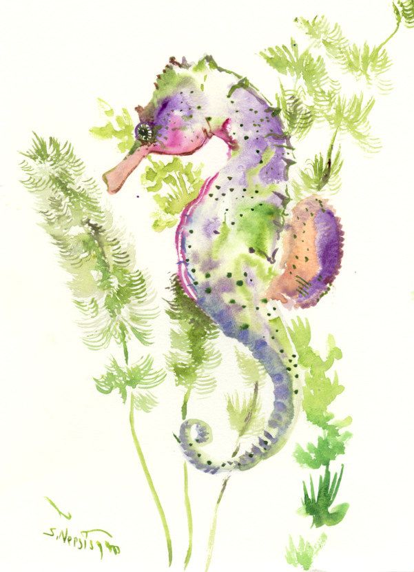 601x830 Seahorse Art, One Of A Kind Original Watercolor Painting Sea World