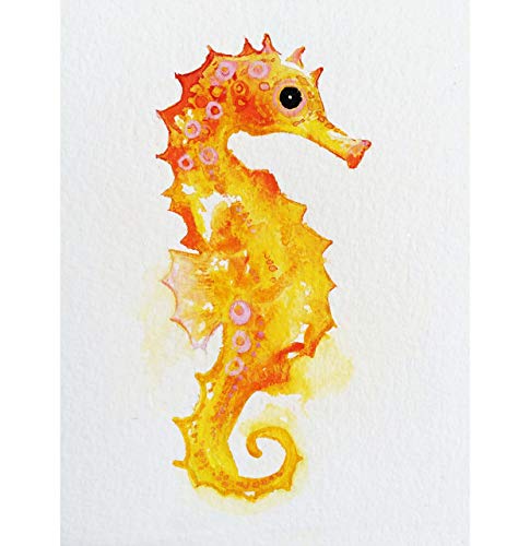 485x500 Golden Watercolor Seahorse Giclee Print, Sealife Decor