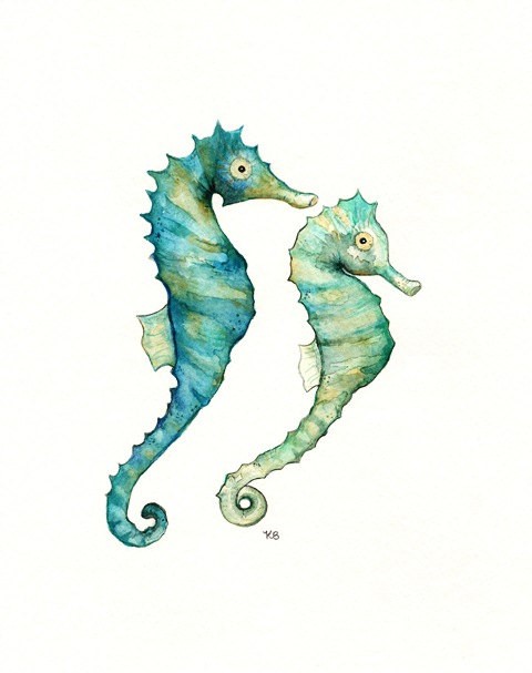 480x607 Charming Green And Blue Watercolor Seahorse Couple Tattoo Design