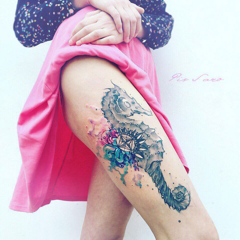 800x800 Seahorse Watercolor On Girls Thigh Best Tattoo Design Ideas