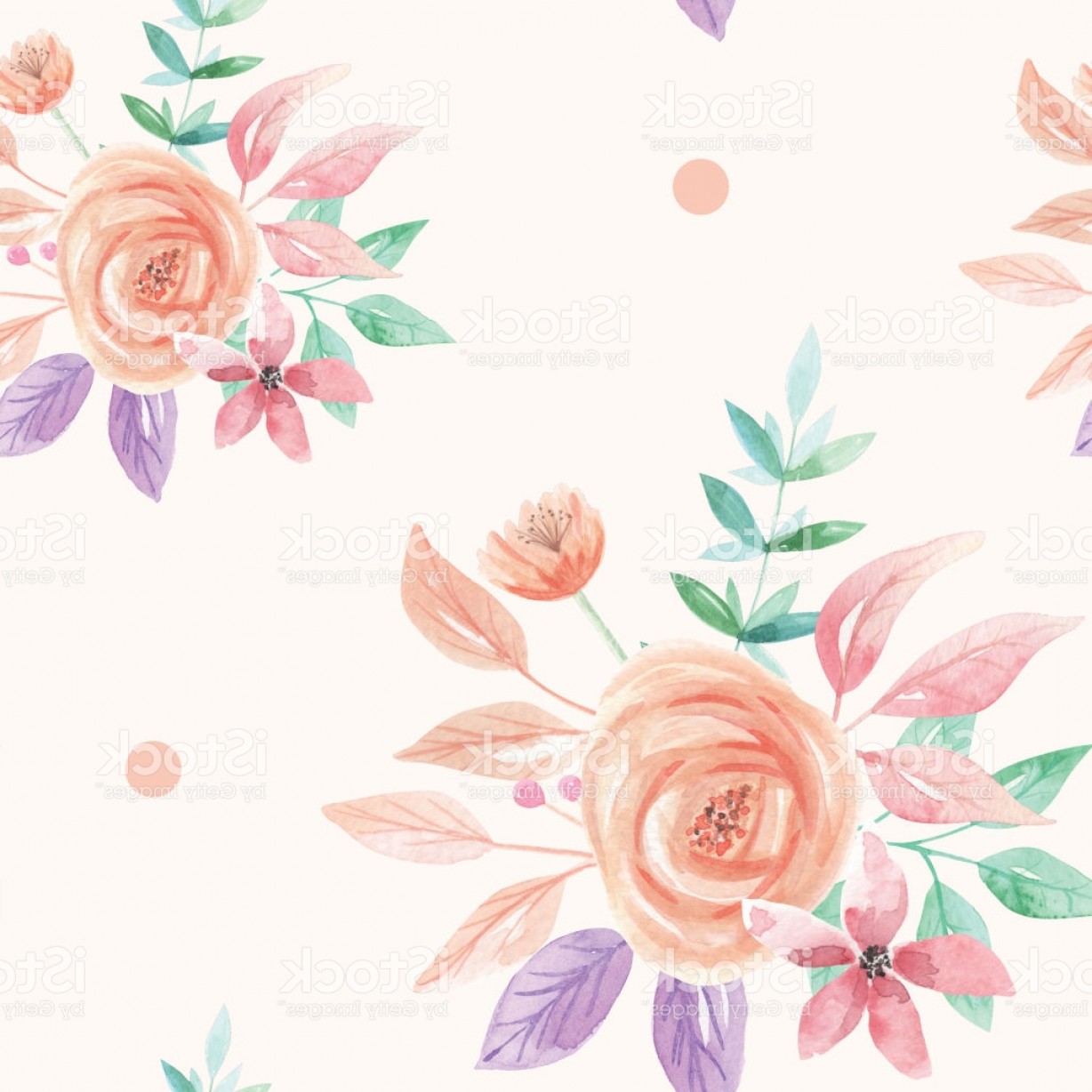 1228x1228 Watercolor Seamless Pattern Bouquet Peach Flower Leaves Berries
