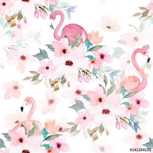 500x500 Watercolor Seamless Pattern. Floral Print With Flamingo Wall Mural
