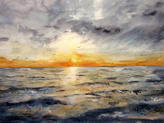 570x427 Watercolor Seascape Archival Print Landscape Painting Ocean Etsy