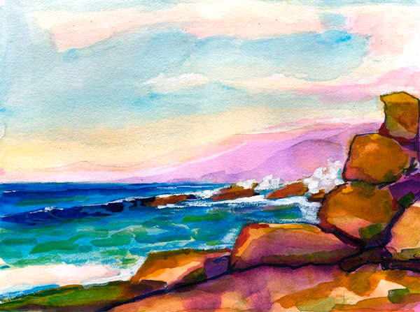 600x447 Central California Original Seascape Watercolor Painting. Artist