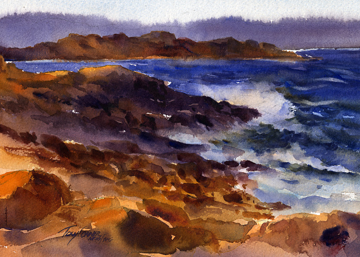 739x527 Evening Surf, Bass Original Watercolor Seascape Painting