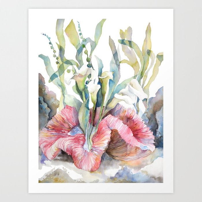 700x700 White Calla Lily And Corals Seaweed Watercolor Surreal Botanical